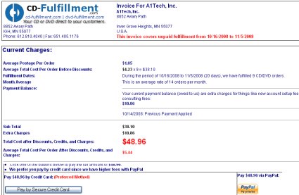 Pay your CD DVD fulfillment bill by credit card or paypal